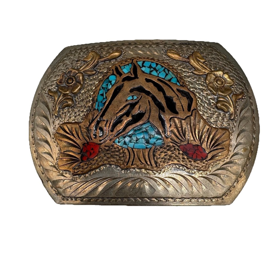 Vintage Southwestern Horse Turquoise & Coral Inlay Brass German Silver Belt Buck